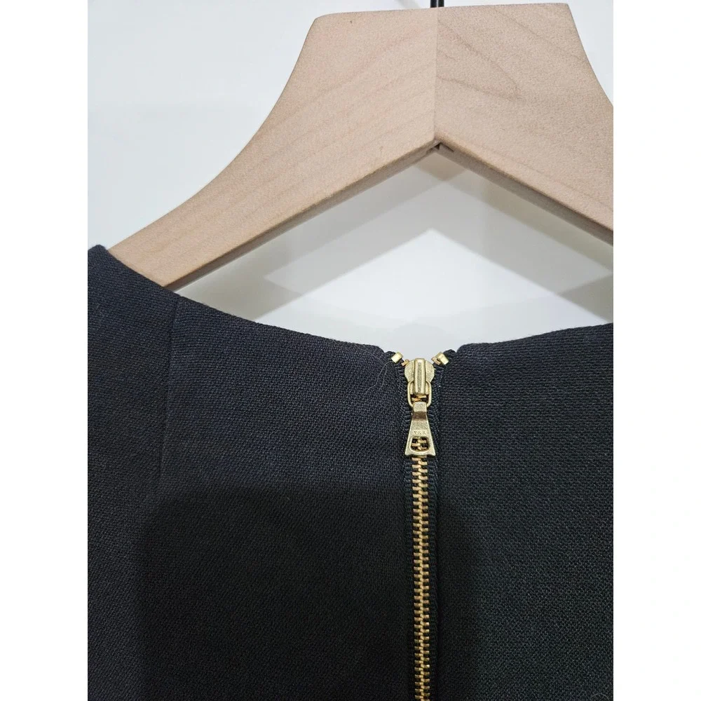 J.Crew Black Tulip Wrap Front Shift Dress Gold Back Zip 3/4 Sleeve Size 4